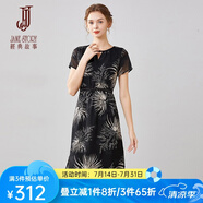 經(jīng)典故事（JANE STORY）中長款印花連衣裙女2025夏季新款時(shí)尚圓領(lǐng)氣質(zhì)黑色高端雪紡裙子 R23 黑帶杏色 S