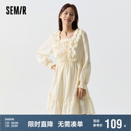 森馬連衣裙女荷葉邊蝴蝶結(jié)氛圍感優(yōu)雅方領(lǐng)裙子109124114003