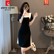 皮爾卡丹（pierre cardin）法式連衣裙夏季黑色方領(lǐng)休閑遮肉顯瘦小黑裙拼接高級(jí)感時(shí)尚大碼裙 黑色 XL 120-140