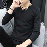 花花公子（PLAYBOY）男士長袖t恤2025春秋季新款薄款打底衫潮流純色體恤男裝秋衣上衣 818黑色 M