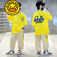 G.DUCKKIDS品牌童裝男童夏裝短袖套裝夏季衣服長褲兩件套男孩休閑中大童t恤 男童套裝TZE6067 黃色 160