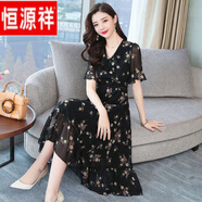 恒源祥冰絲連衣裙女碎花雪紡大尺碼2025新款夏季長(cháng)款黑色30一40歲50媽m 黑色 2XL (建議120-130斤)