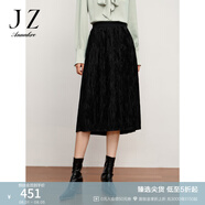 玖姿·安娜蔻優(yōu)雅商務(wù)百搭通勤絲絨壓褶松緊半身裙長裙女冬款 素黑 S