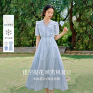 茵曼（INMAN）萊賽爾鏤空蕾絲V領(lǐng)連衣裙2025夏季女裝新品木耳邊短袖裙子 迷霧藍(lán) S