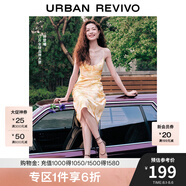 UR【鐘楚曦同款】2025夏季新款女裝印花掛脖吊帶連衣裙UWG750078 淺黃印花 S