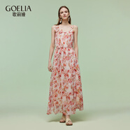 歌莉婭真絲連衣裙2025新款玫瑰花桑蠶絲吊帶裙度假長(cháng)裙1E4L4K0D0 9CD粉紅玫瑰花園印花 S