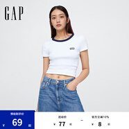Gap女裝2025春季新款刺繡logo撞色圓領(lǐng)修身短袖T恤上衣美版727444 白色 XXS 美碼  S亞洲碼160/80A