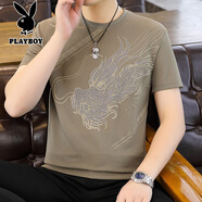花花公子（PLAYBOY）成熟男人新款夏季冰絲圓領(lǐng)t恤透氣涼感半袖大碼速干30-50歲體恤衫 006卡其 輕奢冰絲 4XL