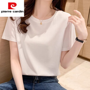 皮爾卡丹（pierre cardin）桑蠶絲t恤女夏季圓領百搭時髦顯瘦短袖女涼感體恤感基礎t女潮針織 米色(圓領) S