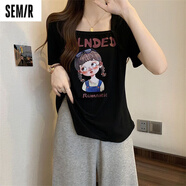 森馬（Semir）胖mm大碼女裝純欲方領(lǐng)正肩短袖t恤上衣夏季時(shí)尚顯瘦半袖體恤200斤 黑色 2XL