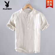 花花公子（PLAYBOY）復古亞麻短袖t恤男薄款寬松夏季新款男士棉麻T恤半袖上衣休閑潮 原麻色高質(zhì)量 3XL 建議146-160斤