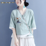 夏典素訂女王（SE.PSTP）2025夏棉麻飛鳥銜花刺繡V領(lǐng)斜珠扣中袖上衣女中國風(fēng)復(fù)古茶服小衫 青綠色今年流行的輕奢母親女神節(jié) M