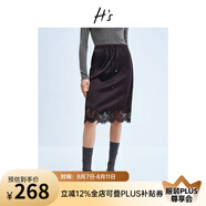 H's緞面半身裙25春新款高級(jí)設(shè)計(jì)立體光澤感松緊帶抽繩蕾絲邊腰裙 黑色 S