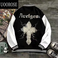 UOOROSE  廣州棒球服vintage棒球服男潮牌寬松單排扣外套春秋季印花港風(fēng) Lge十字架 黑拼白棒球服(單層) 常規(guī) M 建議(80-100斤)