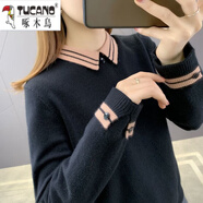 啄木鳥(niǎo)加絨加厚毛衣女娃娃領(lǐng)春秋保暖上衣內搭寬松韓版襯衣領(lǐng)針織打底衫 黑色【常規不加/絨】 S 建議80-90