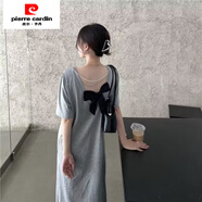 皮爾卡丹（pierre cardin）胖mm大碼露背短袖T恤裙夏季寬松遮肚長(cháng)裙蝴蝶結過(guò)膝連衣裙女 灰色 M 70-95斤