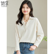 她享長袖襯衫女春秋假兩件衛(wèi)衣V領(lǐng)翻領(lǐng)襯衣寬松百搭顯瘦上衣T13KC2583