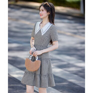 尚靜復(fù)古黑白格紋蛋糕連衣裙女夏季新款女裝娃娃領(lǐng)收腰減齡短袖裙子女