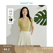 茵曼（INMAN）撞色羅紋棉女裝U領(lǐng)短袖T恤修身氣質(zhì)休閑通勤2025夏季新款短款上衣 琉璃黃 -18518134 L