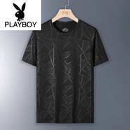 花花公子（PLAYBOY）跨境夏季透氣速干純色運(yùn)動(dòng)休閑印花圓領(lǐng)大碼男裝體恤冰絲短T恤男 藝術(shù)格黑色 XL 【建議：120-140斤】