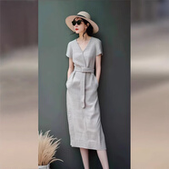 皮爾卡丹（pierrecardin）灰色v領(lǐng)棉麻亞麻連衣裙女夏季2025新款輕奢感小個子法式長裙 圖片色連衣裙 S [建議85-100斤高品質(zhì)]