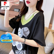 皮爾卡丹（pierre cardin）輕奢高檔v領(lǐng)拼接短袖t恤女夏季2024新款寬松韓版假兩件女裝T恤 黑色 M (適合80-110斤)