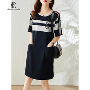 clotho Rennie品牌女裝小個(gè)子連衣裙女夏2025新款氣質(zhì)寬松直筒顯瘦短袖條紋裙子 藏青色 M