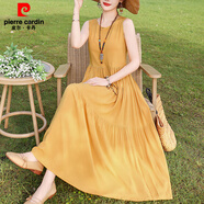 皮爾卡丹（pierre cardin）夏季新款法式無(wú)袖吊帶棉綢連衣裙女大擺沙灘裙多巴胺風(fēng) 黃色 2XL 建議115-130斤