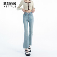 韓都衣舍淺藍色九分微喇牛仔褲女秋季春秋款小個子高腰毛邊喇叭褲 淺藍色 XS