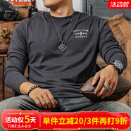季言 高奢t恤純棉長袖圓領(lǐng)印花 美式復(fù)古重磅上衣秋季打底衫男體恤 灰藍(lán)色 XL