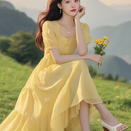 歐麥圖法式黃色連衣裙女收腰顯瘦氣質(zhì)方領(lǐng)長(zhǎng)裙海邊度假裙子 黃色 S 95