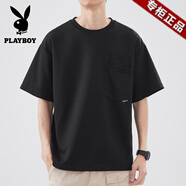 花花公子（PLAYBOY）日系多口袋短袖t恤男夏季2025新款重磅純色圓領(lǐng)寬松上衣半袖體恤 黑色 M 體重推薦115-130斤