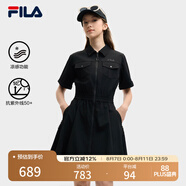 FILA 斐樂官方女裝梭織工裝連衣裙2025夏季新款時尚涼感防曬收腰裙子 正黑色-BK L 170/88A/L