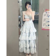 歌百夢(mèng)進(jìn)門-2025新款法式甜美蓬蓬裙無(wú)袖飛飛袖+方口領(lǐng)少女風(fēng)格連衣 藍(lán)色繡花長(zhǎng)裙款【版】 XS