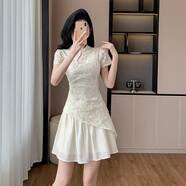 新中式國(guó)風(fēng)連衣裙假兩件刺繡不規(guī)則連衣裙女夏小個(gè)子輕國(guó)風(fēng)改良旗 S 杏色 均碼