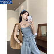 莫代爾牛仔套裝女2025夏季新款高腰闊腿褲木耳邊吊帶背心復(fù)古辣妹套裝 上衣 S 建議85-95斤