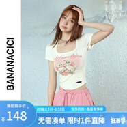 banana cici短袖女新款2024年復古百搭辣妹風(fēng)貓咪印花方領(lǐng)t恤上衣C242TX624 米白 S