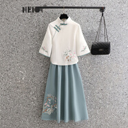 NENW潮流國風(fēng)夏季復古小個(gè)子刺繡漢服兩件套成人旗袍顯瘦七分袖新中式 白色單上衣+藍色半身裙子[套裝] 2XL 建議[115斤-125斤]