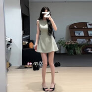GARNUO綠色連衣裙子女夏季法式茶歇小個(gè)子高級感赫本風(fēng)無(wú)袖收腰顯瘦短裙 綠色 L 【111-120斤】