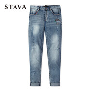 斯得雅（STAVA）牛仔褲男修身時尚小腳復古水洗貓須字母繡花掛爛新潮彈力男士長褲 牛仔藍 33