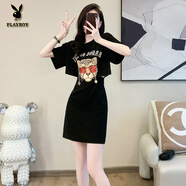 花花公子（PLAYBOY）芭芬薇薇短袖休閑連衣裙女2025夏裝新款收腰顯瘦氣質(zhì)小個(gè)子t恤運(yùn) 黑色 S