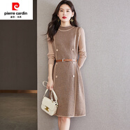 皮爾卡丹（PIERRE CARDIN）羊絨打底裙子厚毛衣裙女中長款秋冬季千鳥格羊毛內(nèi)搭配大衣連衣裙 杏色 M