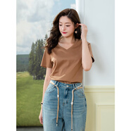 LAGOGO含桑蠶絲舒適純色T恤女拉谷谷2025夏新款簡(jiǎn)約通勤V領(lǐng)上衣 咖啡色 M