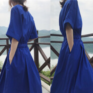 GOYN短袖克萊因藍長(cháng)裙女夏寶藍超長(cháng)款胖MM大碼歐貨時(shí)尚洋氣收腰連衣裙 藍色 M _建議100-120斤