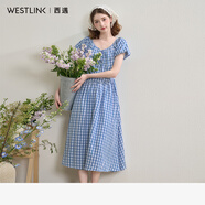 西遇【淺藍(lán)格調(diào)】肌理感泡泡袖連衣裙女夏季兩穿收腰A字裙 藍(lán)色 S