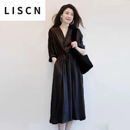 LISCN連衣裙秋裝新款女夏韓版時(shí)尚長(zhǎng)袖子中長(zhǎng)款氣質(zhì)流行長(zhǎng)A字裙子女裝 黑色 S [建議80-95斤]