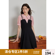 獨束大碼女裝假兩件拼接休閑撞色連衣裙夏季微胖mm高腰顯瘦小黑裙 粉墨色-短款 L