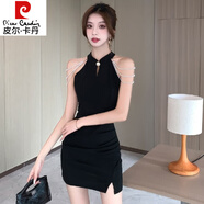 皮爾卡丹（pierre cardin）高冷御姐女神范露肩小黑裙女夏季國風(fēng)黑色旗袍重工釘珠掛脖連衣裙 黑色 L