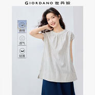 佐丹奴襯衫女裝天然棉麻航海系條紋圓領(lǐng)連袖中長款襯衫 13345313 01白黑條紋 L