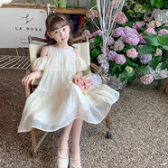 mlgt法國風(fēng)潮童裝 女童連衣裙夏裝新款洋氣女孩公主裙夏季兒童雪紡裙 米色 甜美露肩雪紡公主裙 130 cm